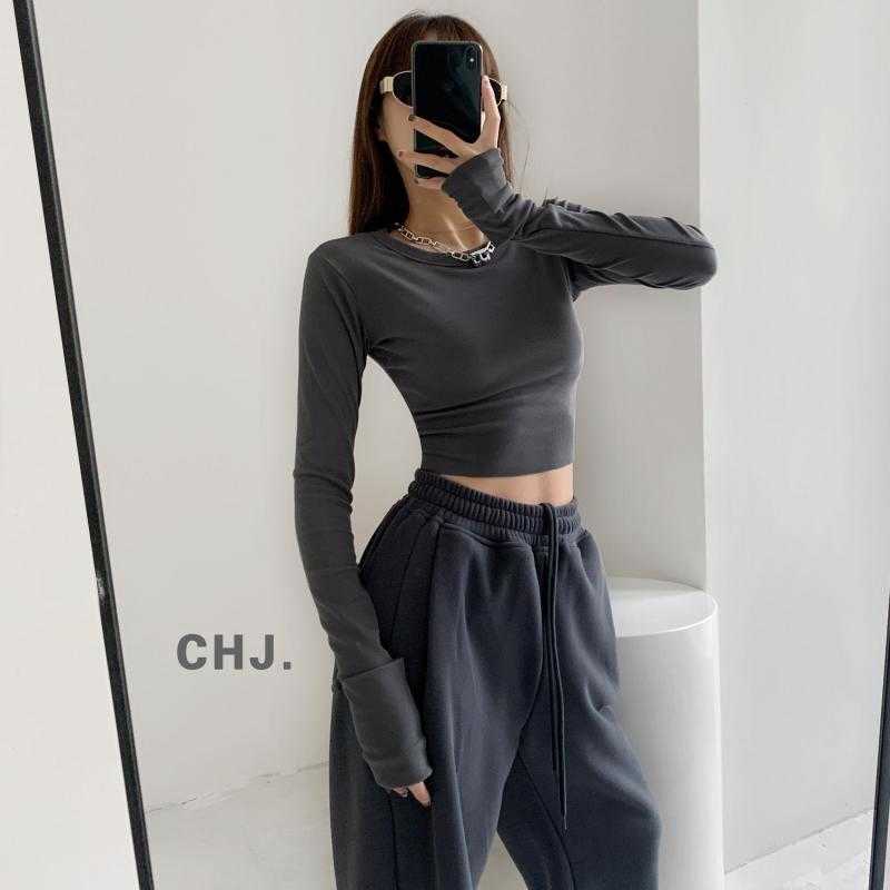 Yedinas Korean Style Slim T-shirt Women Solid Long Sleeve Crop Top Harajuku Japanese White T Shirts Cotton Basic Tee Streetwear 210527