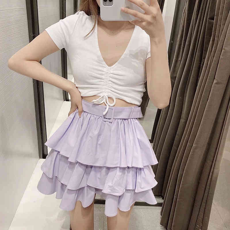 Women Chic Stylish Ruffled Mini Skirt Vintage Vestidos Waist Side Zipper With Belt Slim Female Skirts Casual Mujer 210521