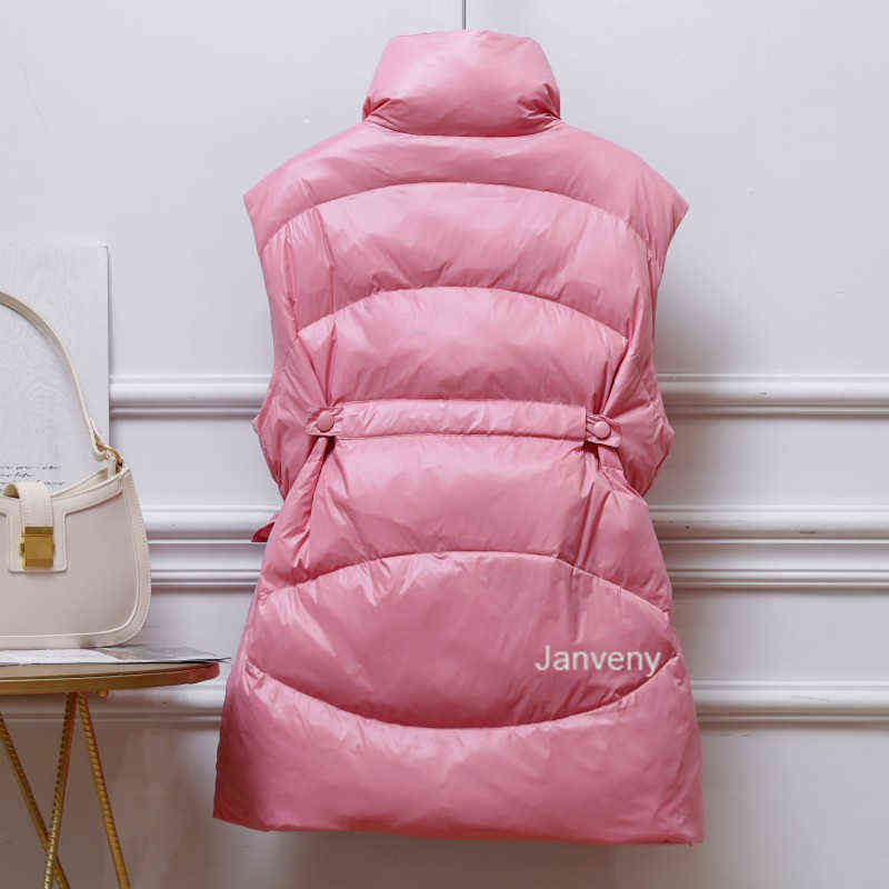 Janveny Winter Down Vest Women Mid-Length Slim Waistcoat 90% White Duck Down Jacket Female Gilet Sleeveless Windproof 211105