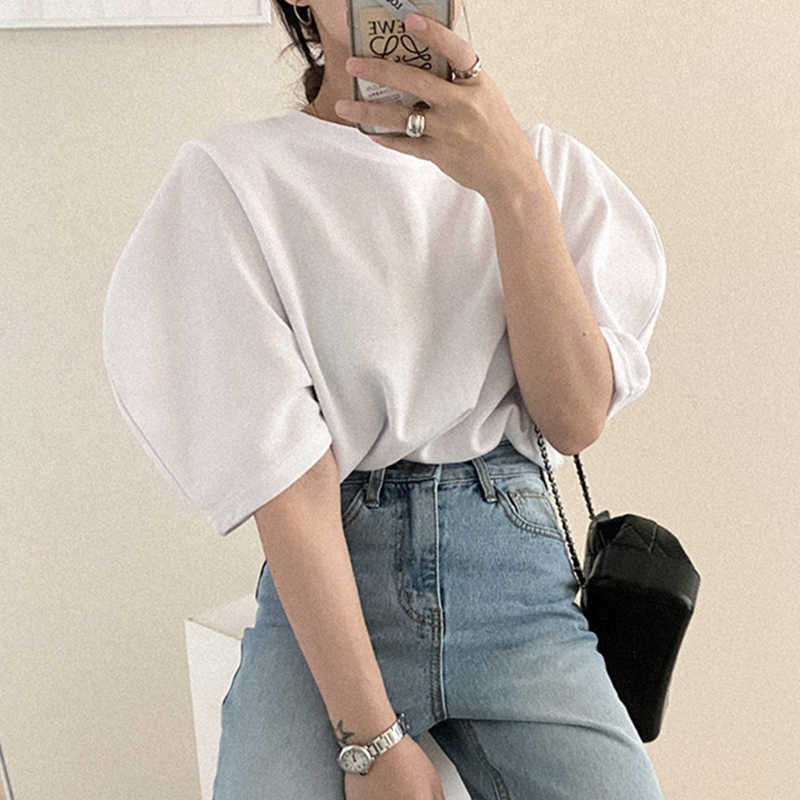 Korejpaa Women T-shirt Korea Summer Simple Basic Round Neck Loose & Versatile Casual Solid Color Bubble Sleeve White Tee Top 210526