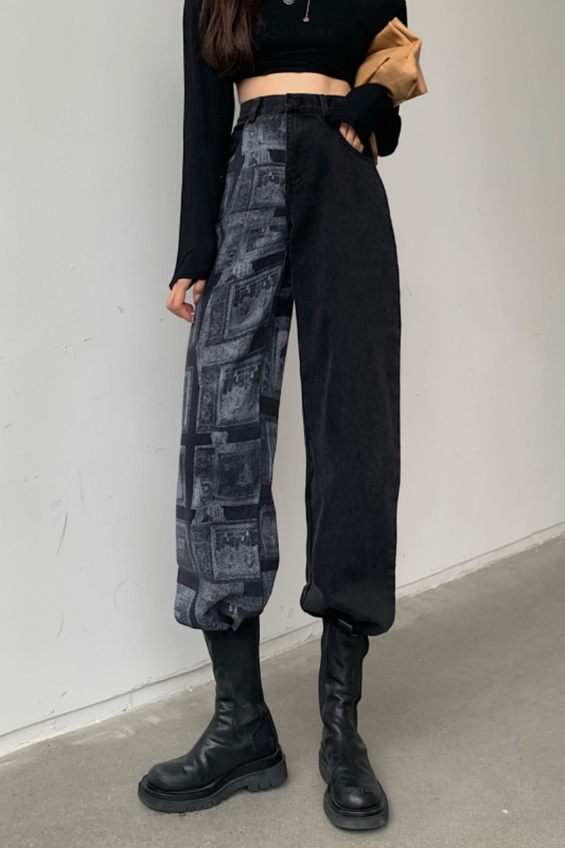 Women Harajuku Contrast Color Jeans Woman High Waist Patchwork Wide Leg Trousers Ins Streetwear Casual Denim Pants 210519
