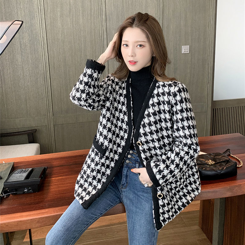 Black White Houndstooth Jackets Women's Autumn Winter V Neck woolen Jacket Vintage Girls Chic Short Loose Thick Plaid Coats 210522