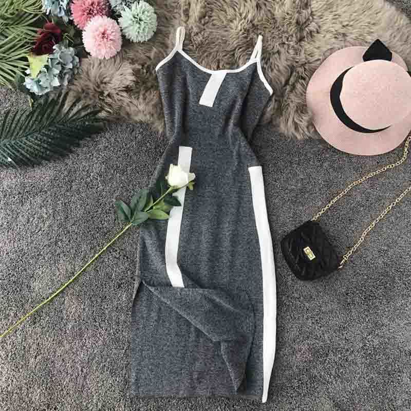 Vintage Women Dress Summer Stripe Splice Slim Sexy Knitted Dress Sleeveless Spaghetti Strap Split Bodycon Dress Vestido 210521