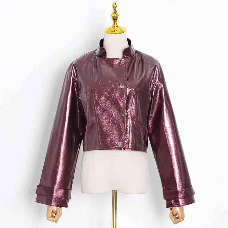 VGH Casual Moto Jacket For Women Stand Collar Long Sleeve Solid Minimalist Short Tops Female Autumn Fashion New Clothing 210421