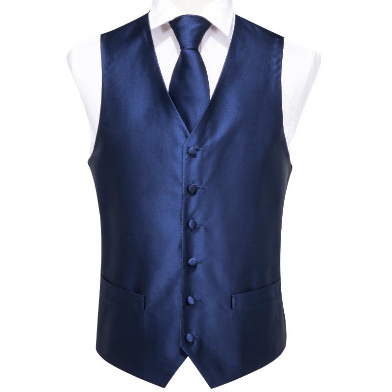Bundles Deal Men's Vest Plain Blue Silk Wedding Business For Men Necktie Hanky Cufflinks Tie Set Suit Tuxedo Solid Vests