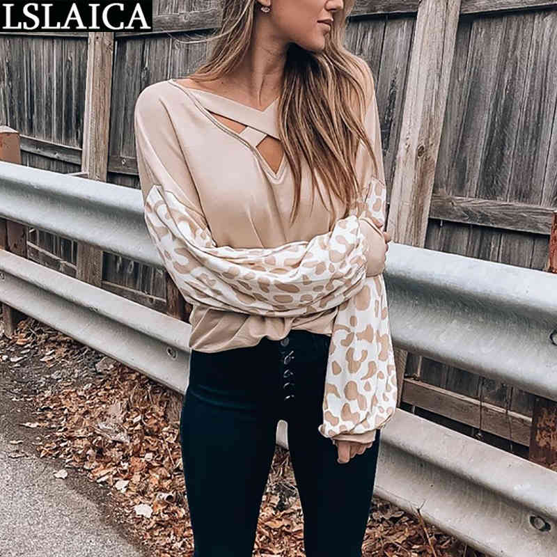Shirts for Women Leopard Print Patchwork Long Sleeve V Neck Female Tops Casual Autumn Fashion Clothing Streetwear 210520
