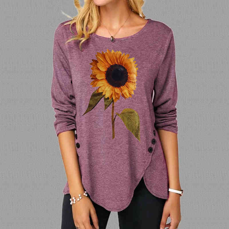 New Fashion Dragonfly Flower Print T-shirt Women Shirts Long Sleeve Ladies Loose Tops Woman Shirt Casual Loose Pullover 210406