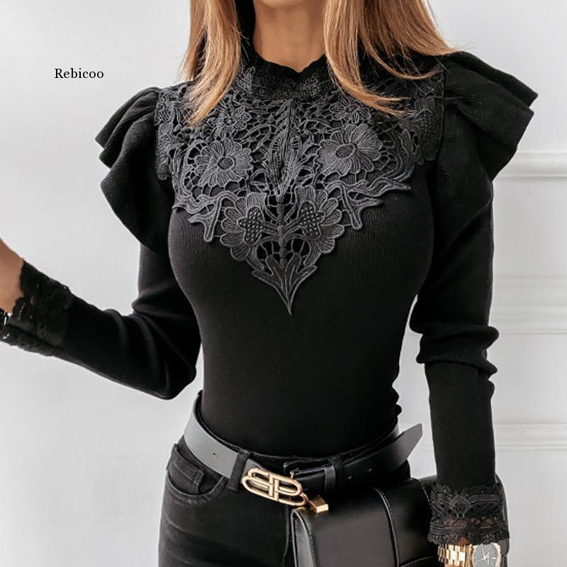 Women Autumn Solid Lace Patchwork Blouse Shirt Office Ladies Long Butterfly Sleeve Pullover Tops Casual O Neck Female Slim Blusa Women's Blo
