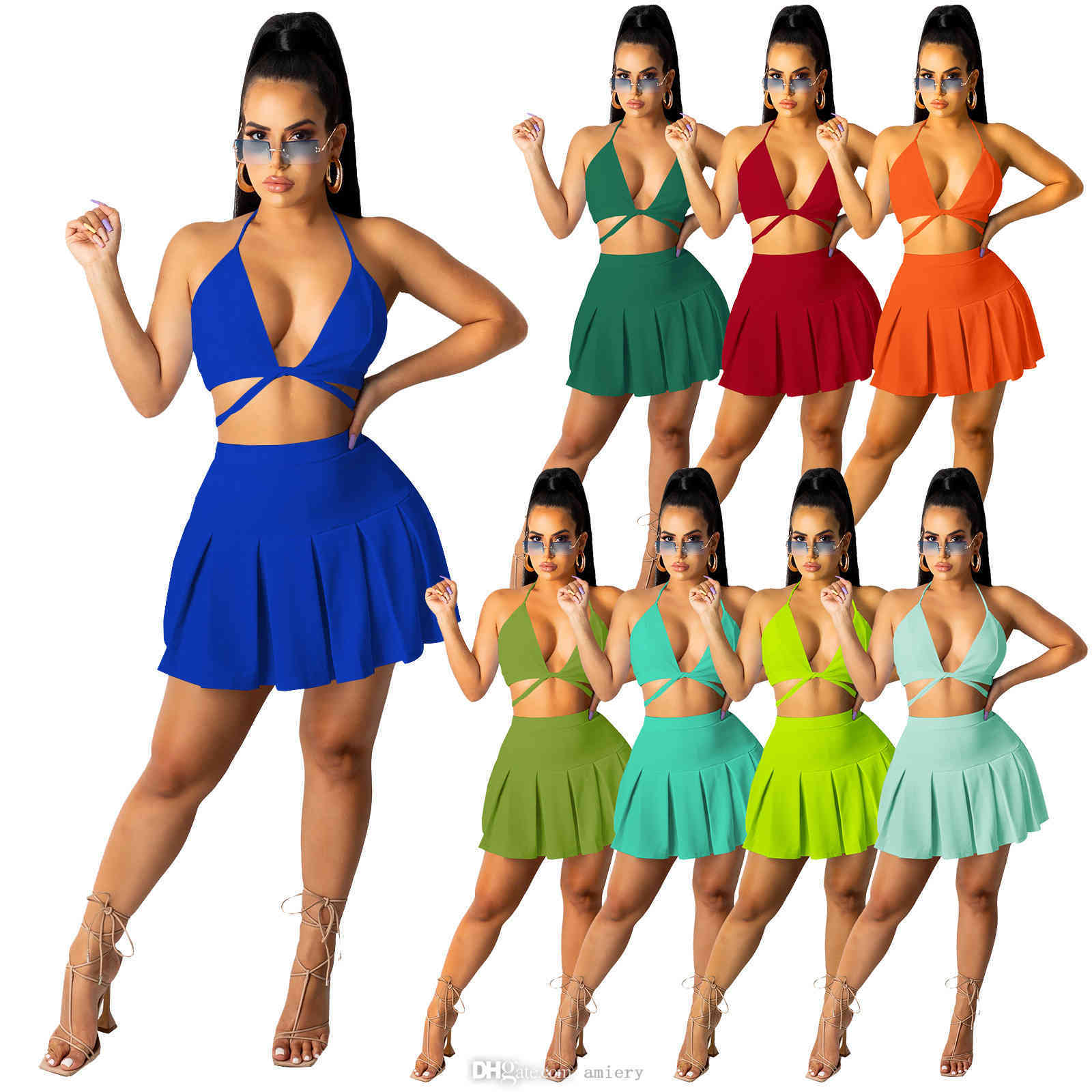 Women Tracksuits Two Piece Set Dress Designer Slim Sexy Solid Color Suspender Dresses Neck Wrapped Bra Chest Folded Skirt Clothing a001, Aqua blue
Women Tracksuits Two Piece Set Dress Designer Slim Sexy Solid Color Suspender Dresses Neck Wrapped Bra Chest Folded Skirt Clothing a001, Aqua blue