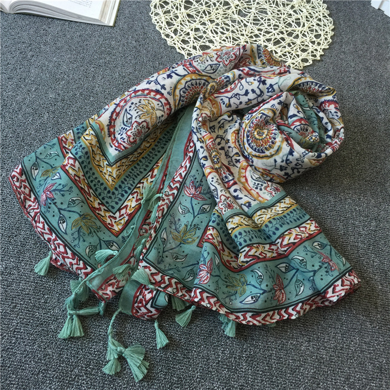 Spring and Summer New Retro Ethnic Fashion Holiday Sunscreen Silk Scarf Colored Cashew Small Plum Blossom Fringed Scarf Shawl