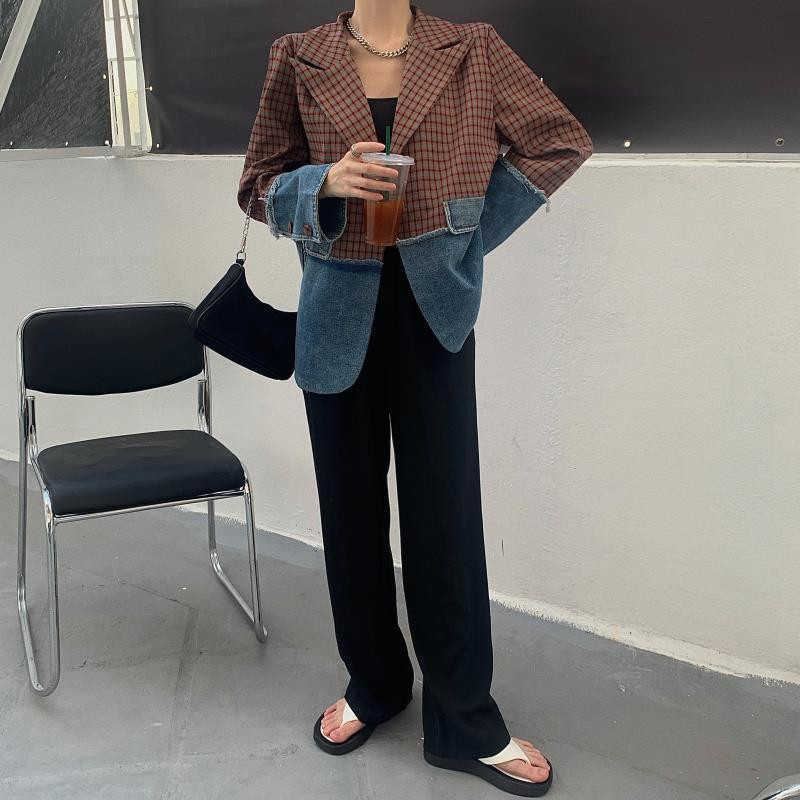 Nomikuma Spring Demin Patchwork Blazers Causal Korean Hit Color Suit Jacket Women Fashion Blazer Coat 6F775 210930