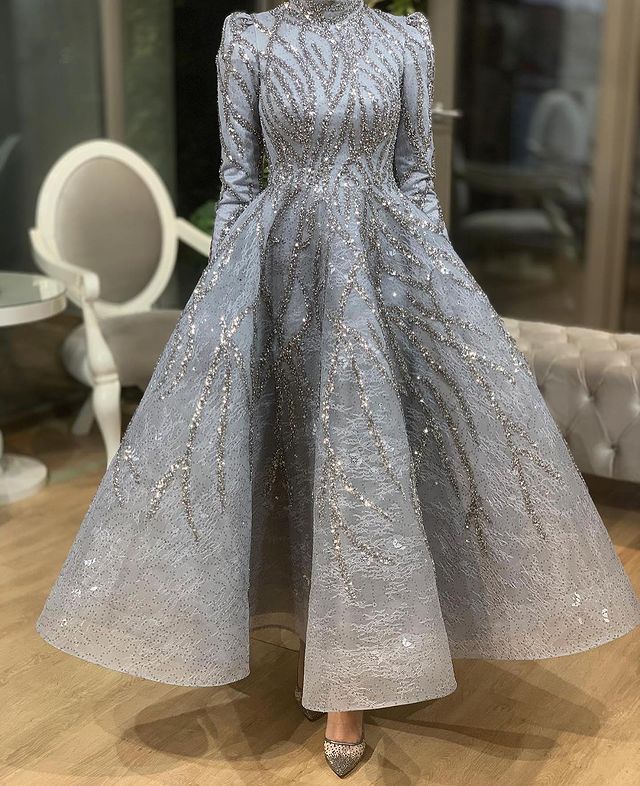 Plus Size Arabic Aso Ebi Sier Urious Muslim Prom Dresses Lace Beaded Evening Formal Party Second Reception Gowns Dress ZJ Lz0304