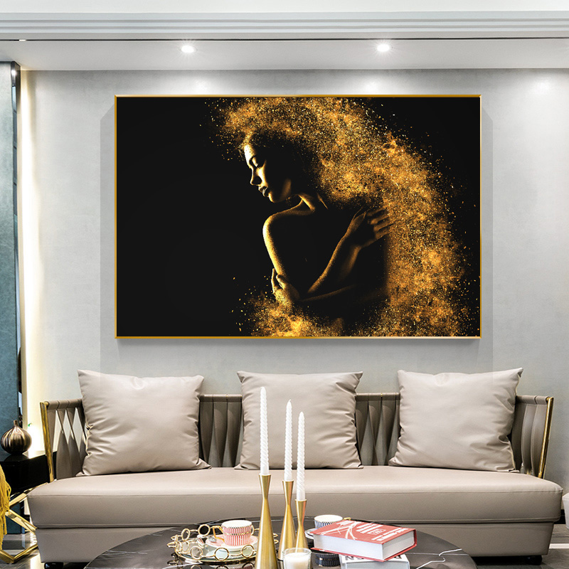 Modern Large Size Golden Woman Painting Canvas Art Wall Picture Abstract Portrait Posters And Prints For Living Room Home Decor