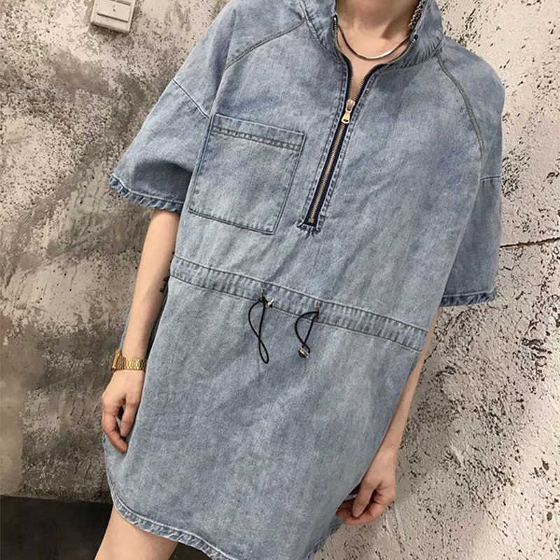 LY VAREY LIN Spring Summer Women Casual Denim Dress Fashion Zipper Stand Collar Drawstring Adjustable Waist 210526