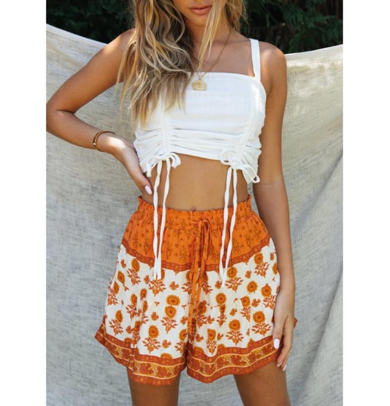 Summer Sexy Boho Set Crop Top With High Waist Short Womens Sleeveless Slim Print Loose Shorts Female Clothes White Yellow Women's Tracksuits