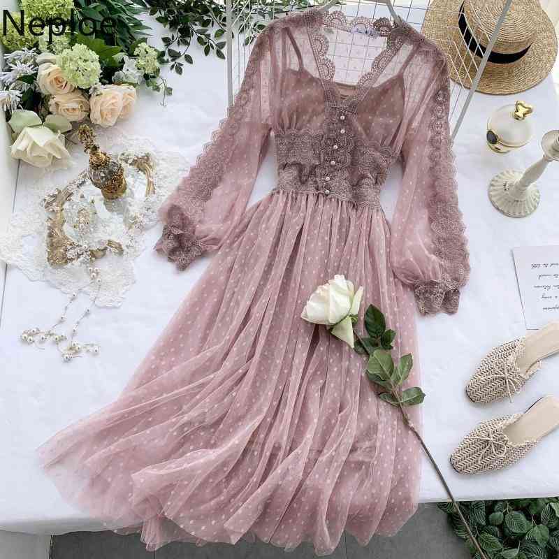 Neploe Dresses Women New Arrival Gauze Sweet Dress See Thorugh Heavy Lace Crochet Floral Pleated Elegant Robe Vestidos 210422