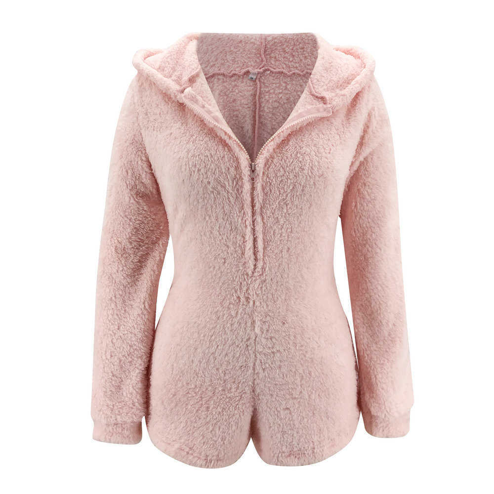 Fashion Women Warm Plush Playsuits Winter Sexy Hooded Zipper V Neck Long Sleeve Solid Slim Jumpsuits Casual Pink Ladies Rompers 210526