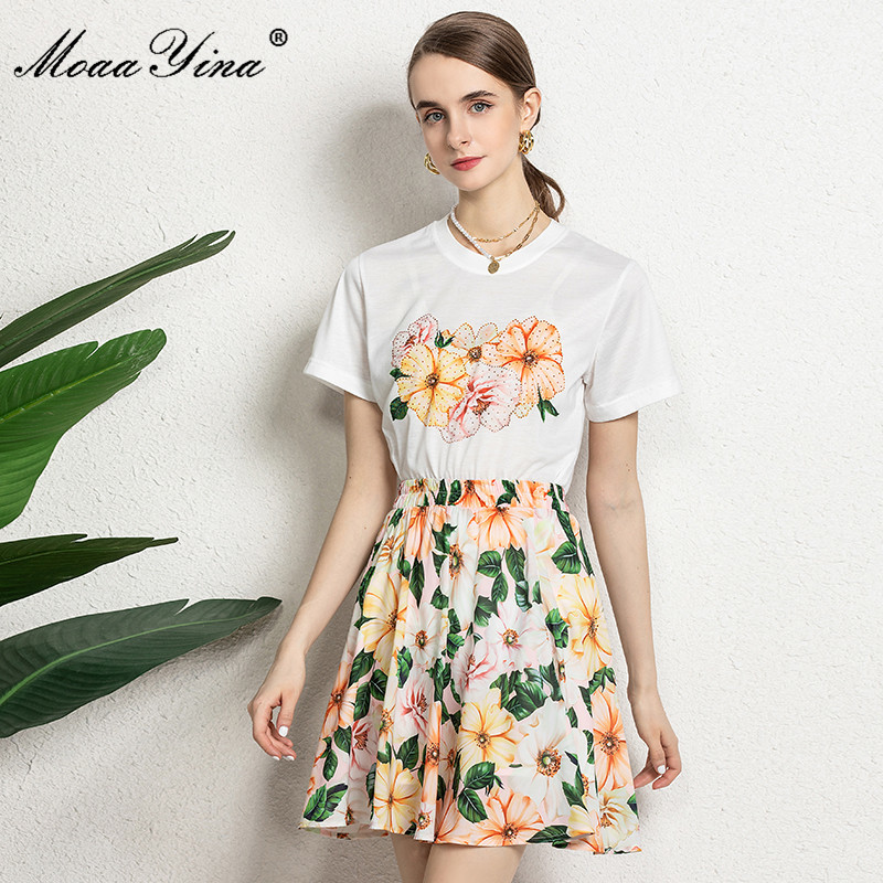 Summer Vintage Floral print Short Skirts Set Women Casual White T-Shirt and Two Pieces Suit 210524