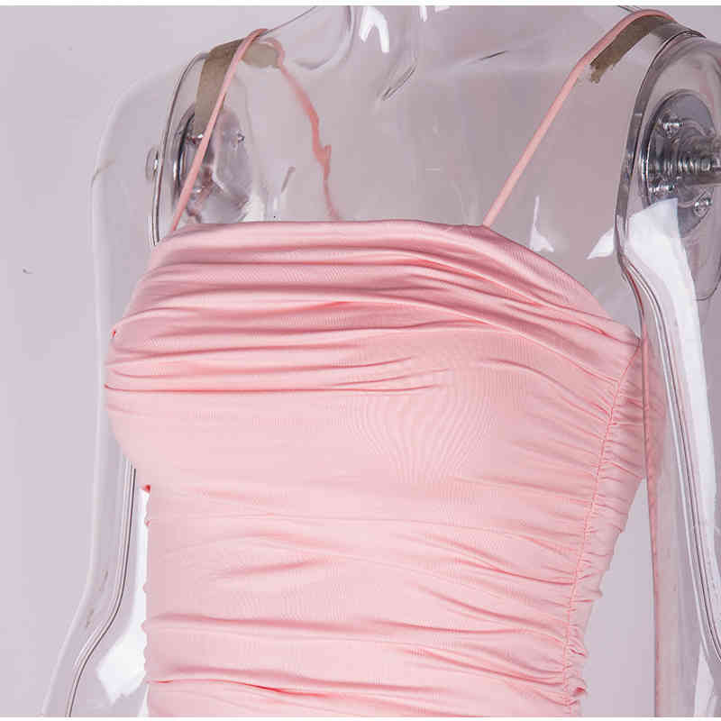 NewAsia Double Layers Sexy Summer Dress Pink Women Night Dresses Tight Long Party Bodycon Dress Ruched Midi Dress Vintage Robe 210409