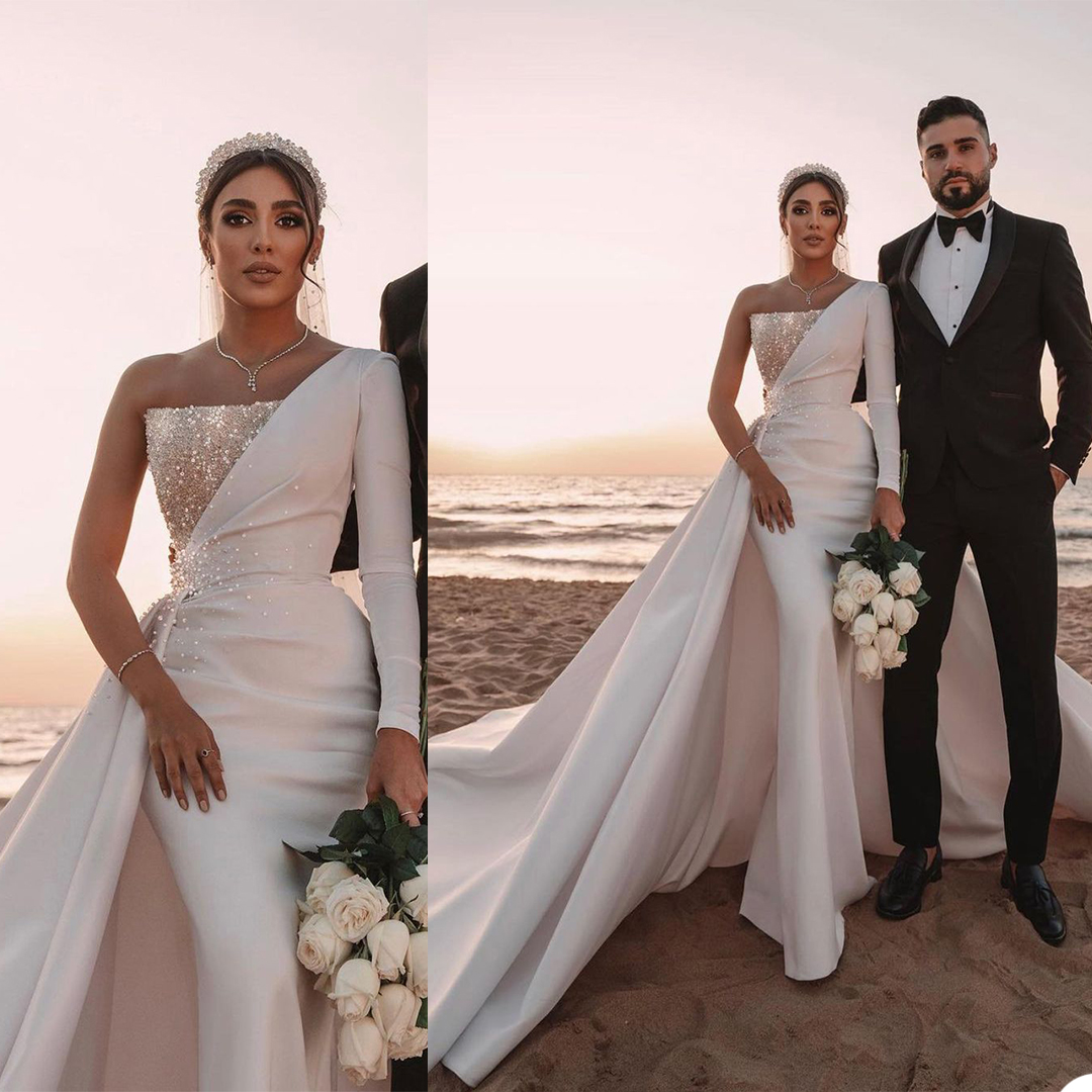 Sequined Mermaid Wedding Dress One Shoulder Long Sleeve Bridal Gowns robes de mariée Sparkly Beading Bride Dresses