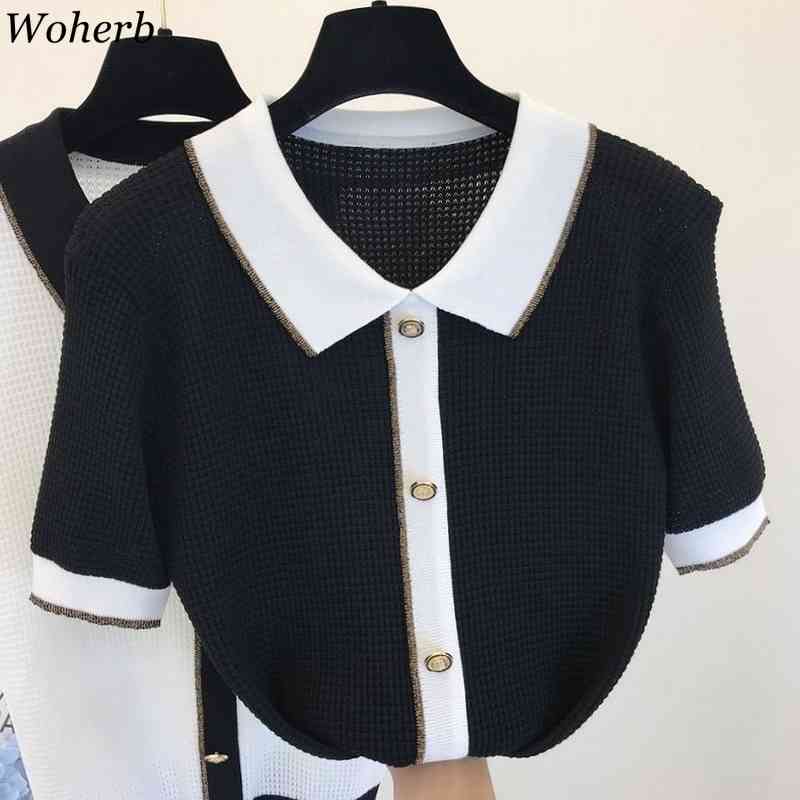 Ice Silk Knitted T Shirt Women Summer Hollow Out Pullover Tees Temperament Contrast Color Thin Knitwear Tops 210519