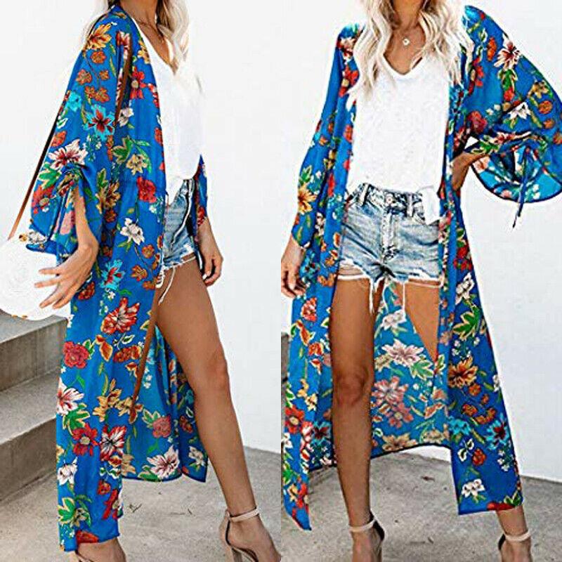 Summer Women Flower Kimono Beach Cardigan Bikini Cover Up Wrap Top Beachwear Long Dress Casual Dresses