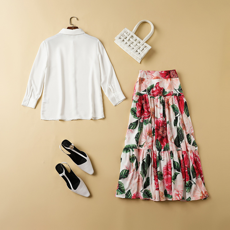 Women's Runway Two Piece Dress Turn Down Collar Long Sleeves White Shirt with Printed Skirt Twinsets