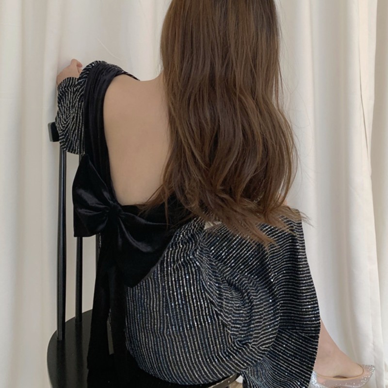 Spring Sexy Backless Bow Sequin black Party Dress For Women Elegant High Waist Slim Dresses Female Vestidoes 210519