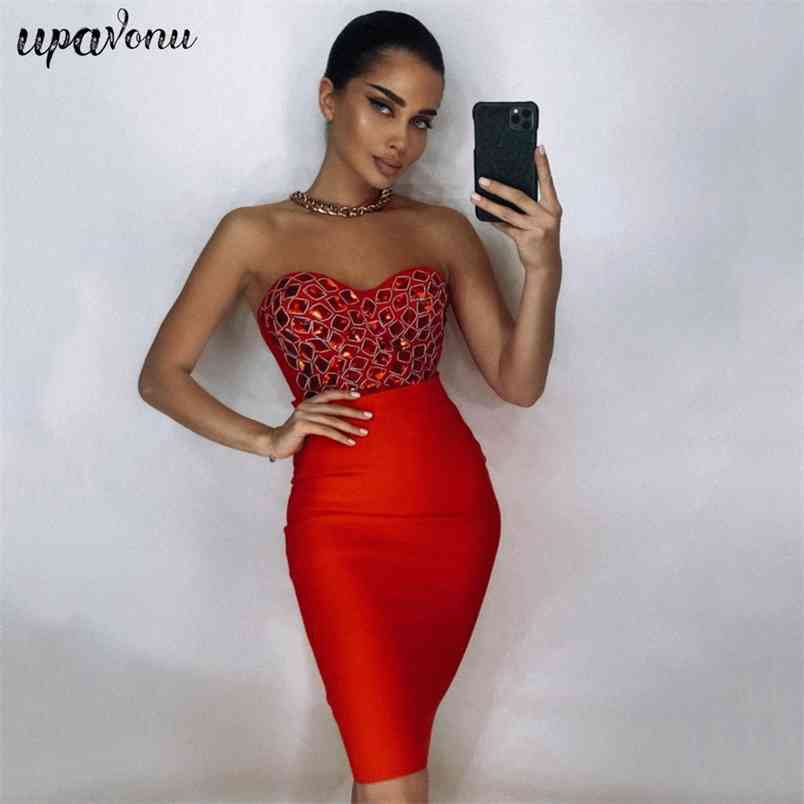 Free Women Bandage Skirt Set Sexy Spaghetti Strap Beaded Tank Top & High Waist Two-piece Club Party 210524