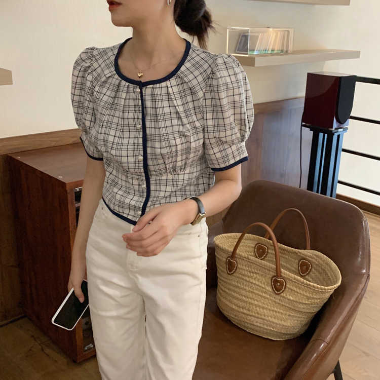 Korejpaa Women Shirt Summer Korean Chic Ladies Retro Round Neck Trim Single-Breasted Pleated Short Puff Sleeve Plaid Blouse 210526