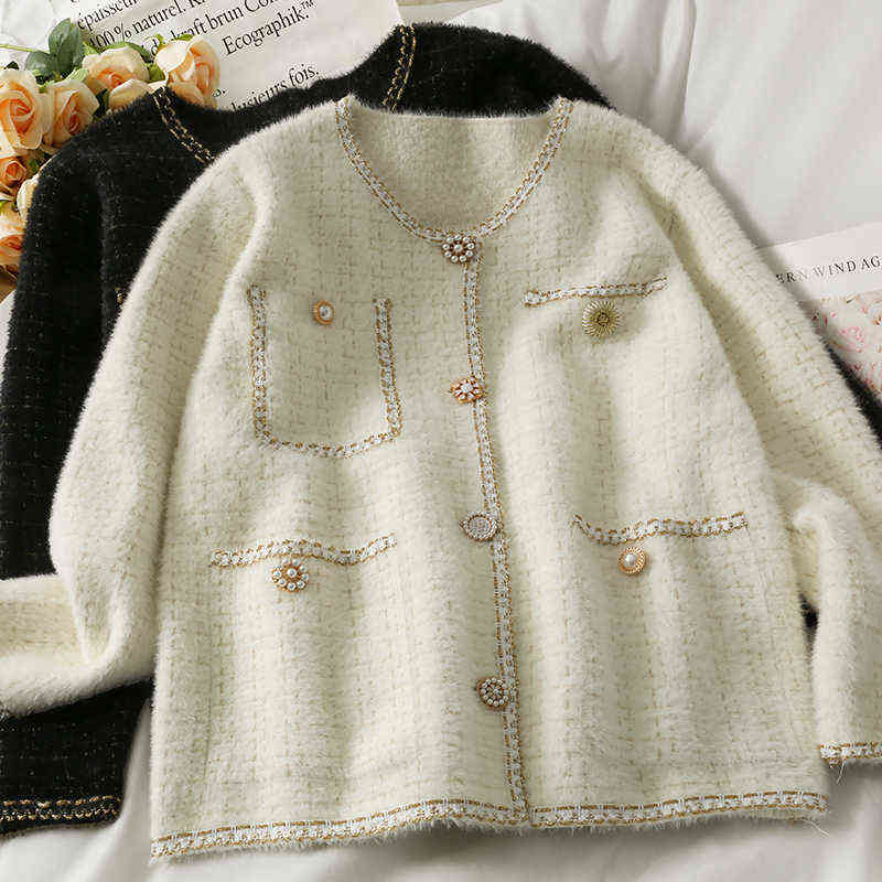 Mink Cashmere Loose Sweater Cardigan Jacket Women Autumn and Winter Short Bright Silk Stripe Thickened Knitted Top Coat 211117