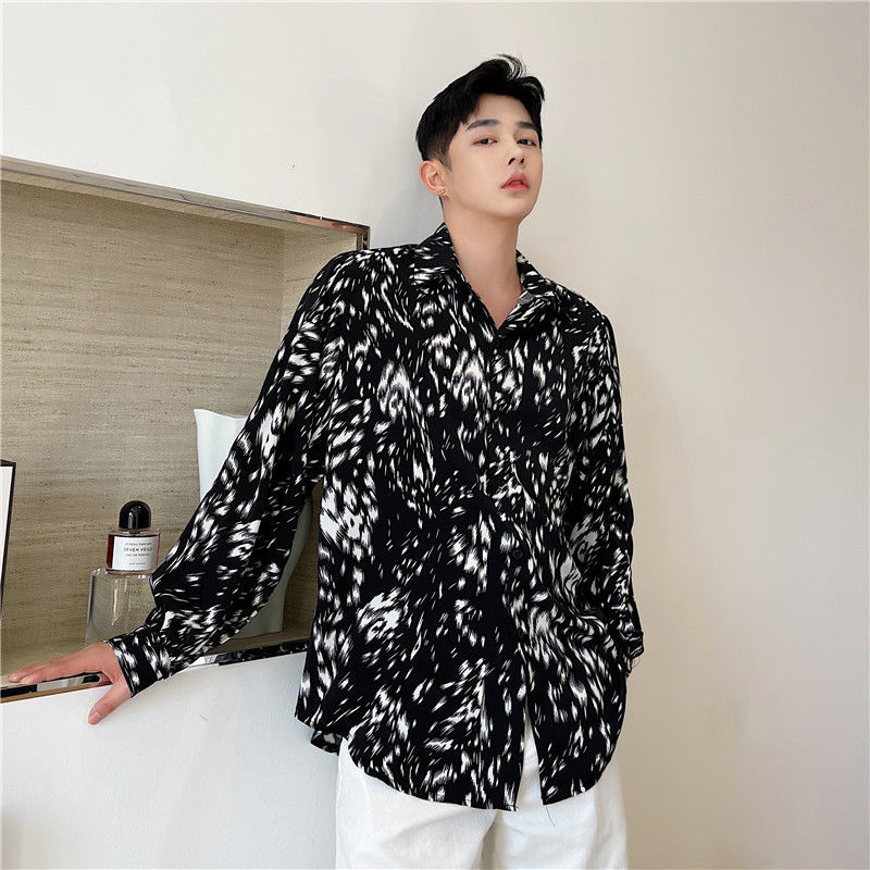 IEFB Korean Streetwear Men's Clothing Leopard Print Long Sleeve Shirt Casual Trend Fashionable Oversize Loose Lapel Tops 9Y6760 210524