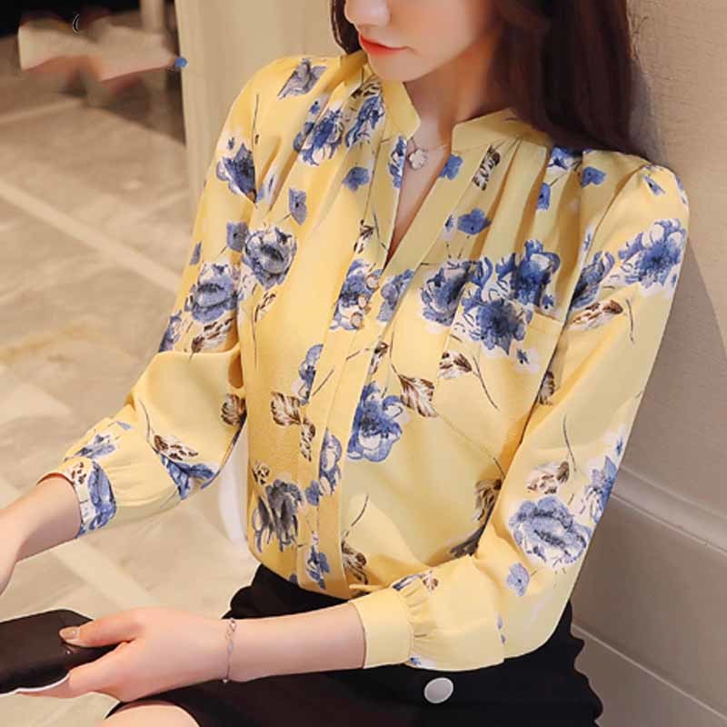 Autumn Long Sleeve Women's Blouses Print Chiffon Tops Fashion V-Neck Women Office Lady Shirt Blusas Mujer Z0001 40 210518
