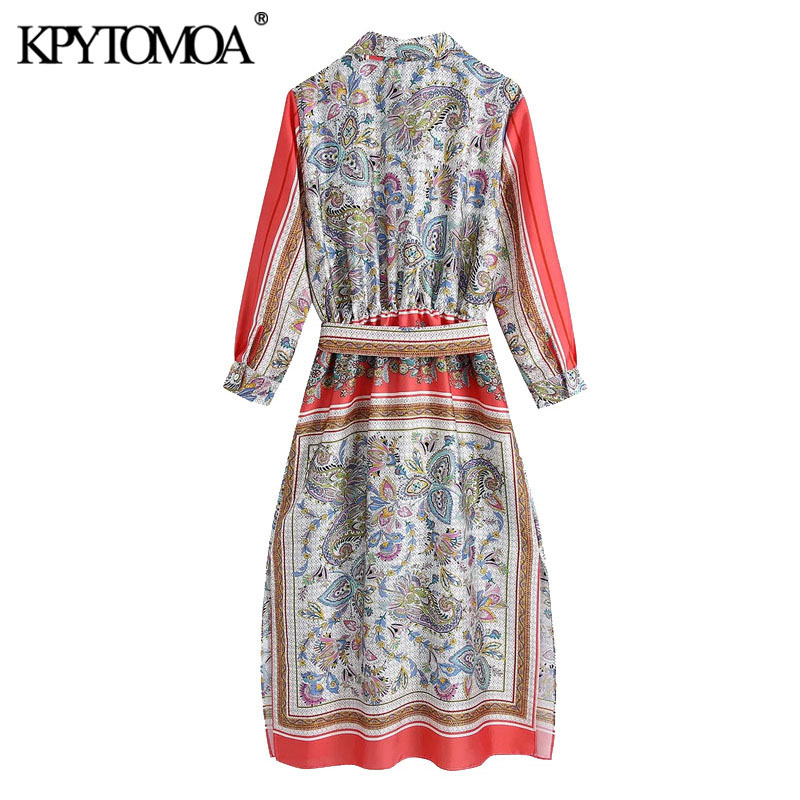 Women Fashion With Belt Paisley Print Midi Shirt Dress Three Quarter Sleeve Button-up Female Dresses Mujer 210420