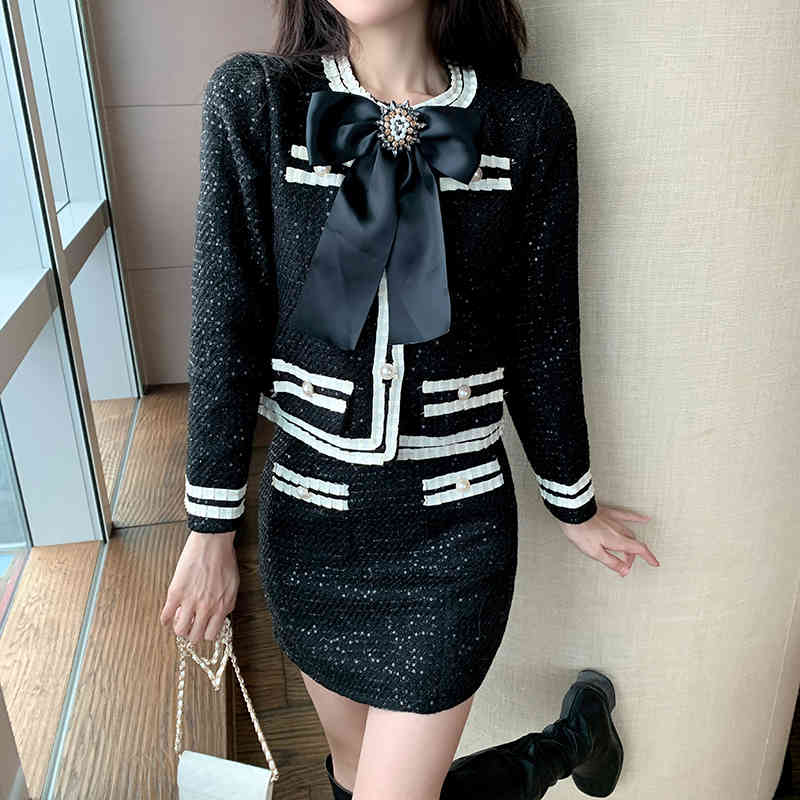 Autumn Winter Women 2 Piece Set Elegant Diamond Bowknot Tweed Short Jacket Coat + High Waist Mini Skirt Suit 210519