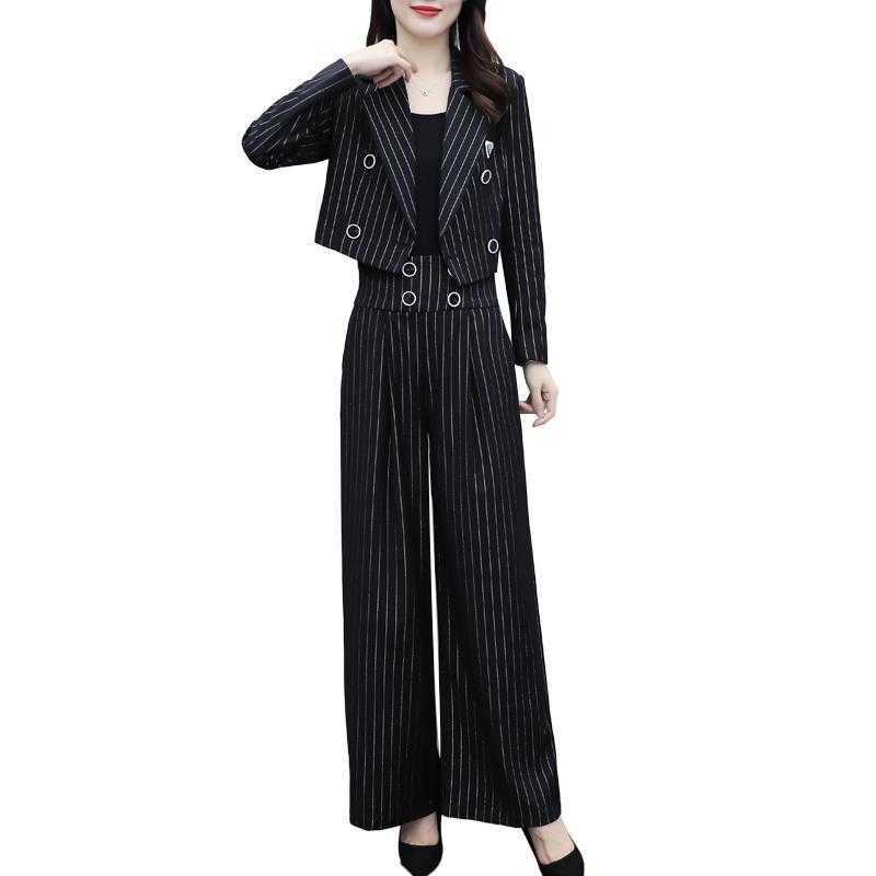 Fashion Vintage Casual Blazer Women's Office Slim Jacket Stripe High Waist Wide Leg Pants Suit 2 Piece Sets Female harajuku 210930