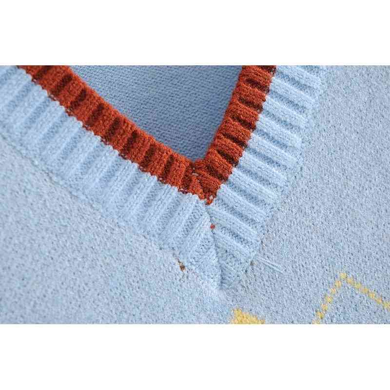 Preppy Style Sky blue Plaid Knitted Sweater Vest Women 90's Vintage Korean Clothing Striped V Neck Tank Top Y2K Knitwear 210429