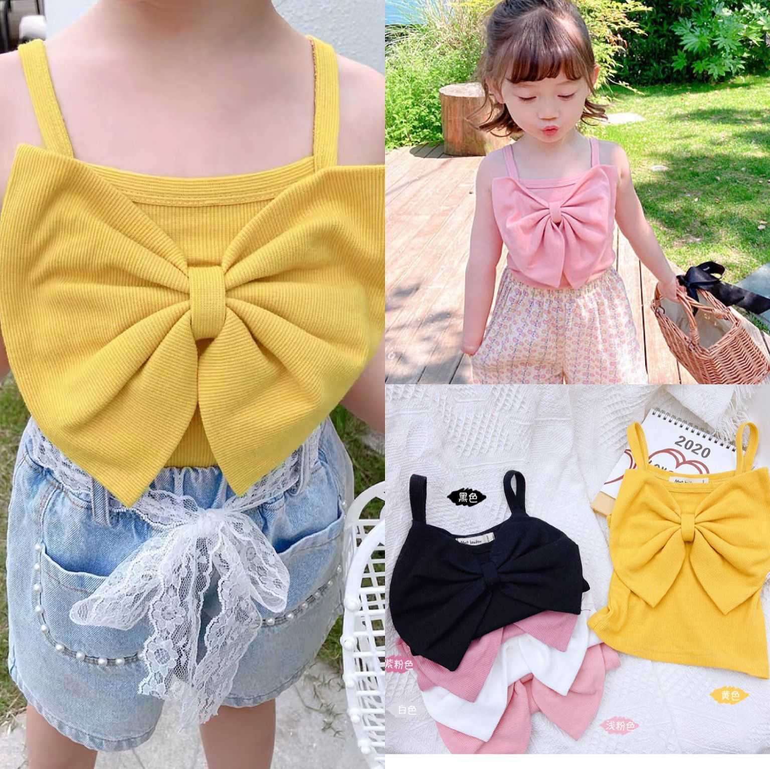 Toddler Girls Sling Vest Solid Cotton T-shirt with Big Bows Lovely Summer Kids Fashion Clothing Outfit 210529
