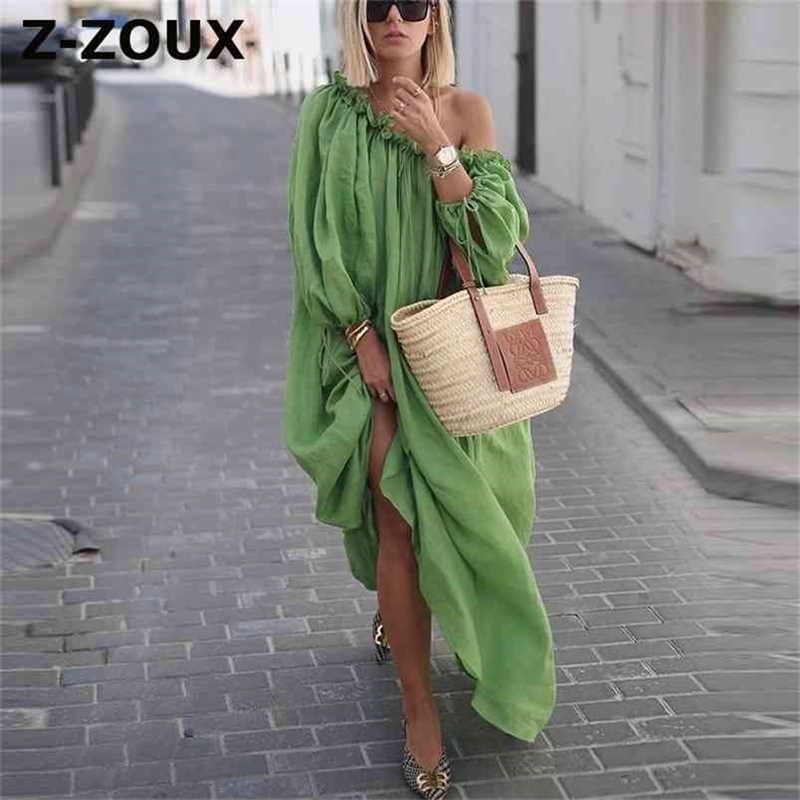 Women Dress Lantern Sleeve Slash Neck Ruffles Loose Beach Dresses Plus Size Long White Fashion 210513