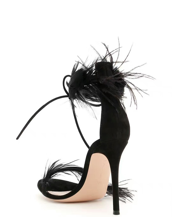 Sexy White Feather Wedding Shoes For Bride Lady Fashion Ankle Strap Open Toe Sheepskin High Heels Women Prom Evening Pumps Stiletto Cocktail Party Sho