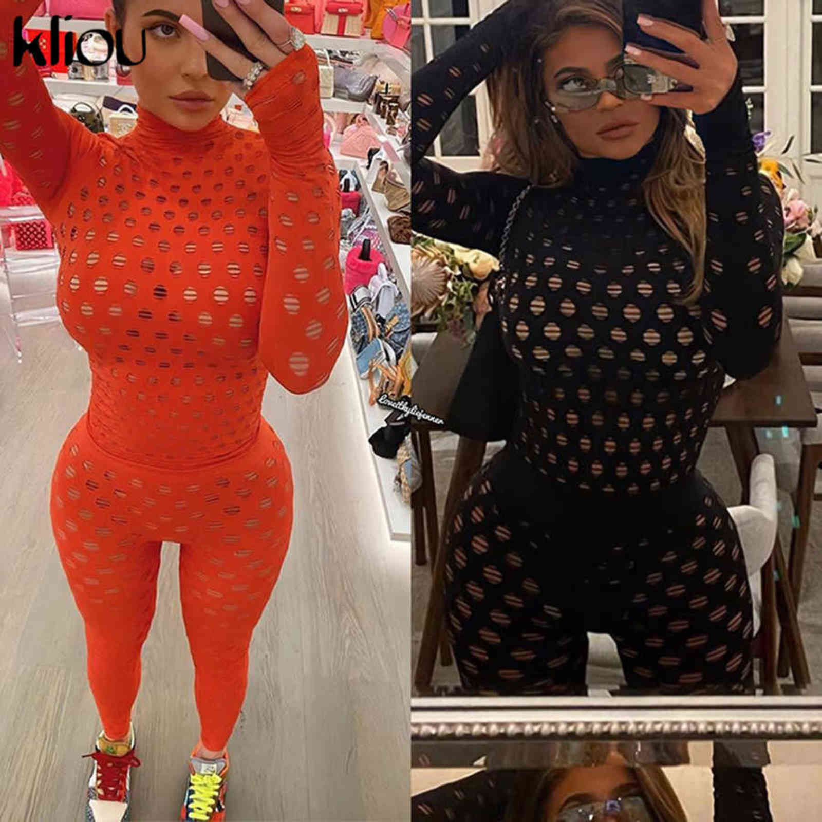 Kliou Hollow Out Sexy See Through Two Piece Set Women Streetwear Turtleneck Bodysuit+High Waist Leggings Skinny Active Outfits 211105