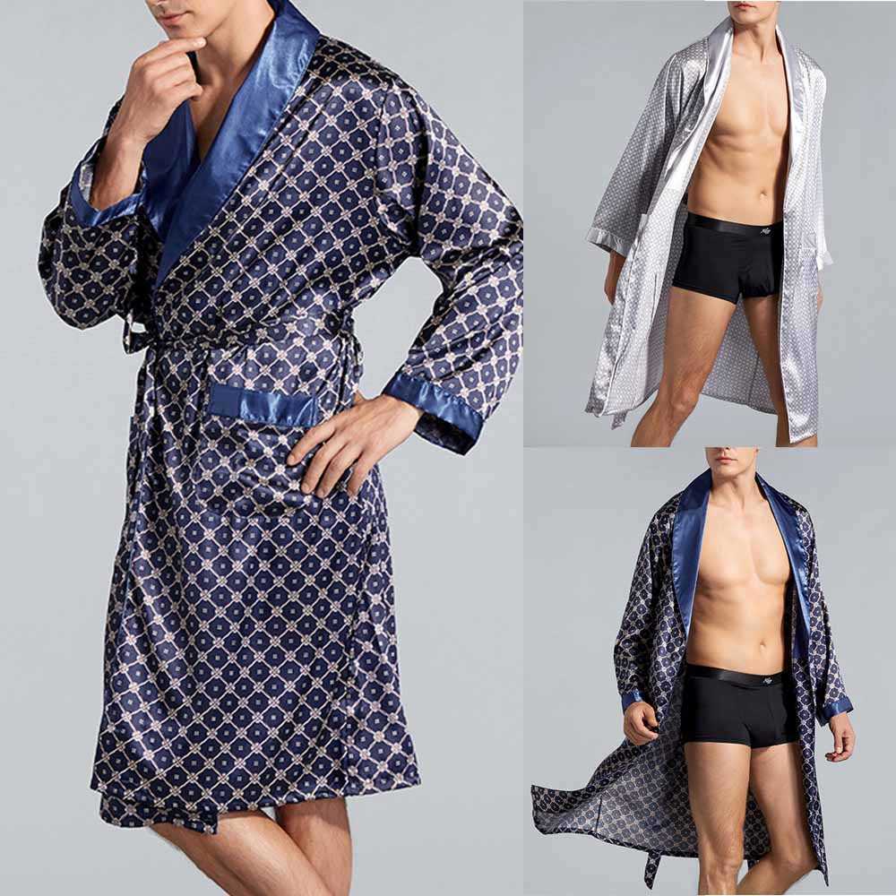 Mens Satin Silk Luxury Pajamas Kimono Bathrobe Robe Dressing Gown Pjs Loungewear Men's One-Piece Simulation Silk Nightgown H0825