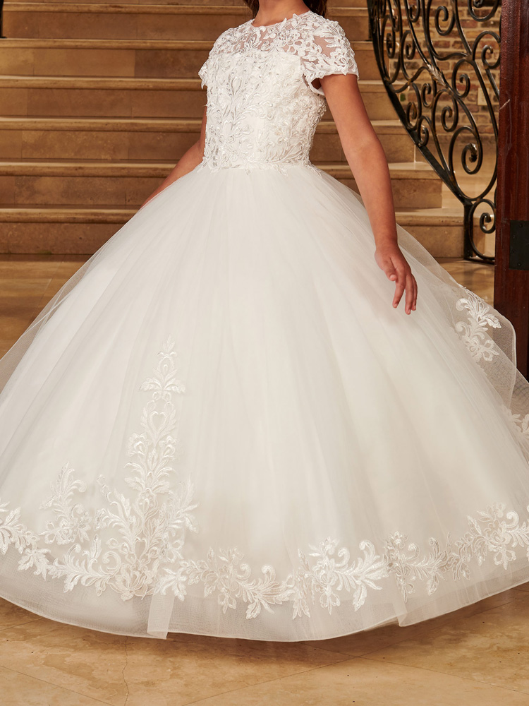 Lovely Flower Girls Dress Ball Gown Crew Short Sleeves Girls' Party Dress Floral Applique with Beads