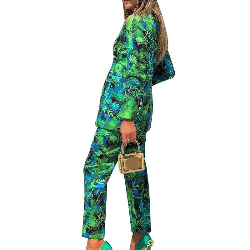 Women Suits Green Printed Blazer With Pants Sets Fashion Ladiex Temperament Plus Size Autumn 210513
