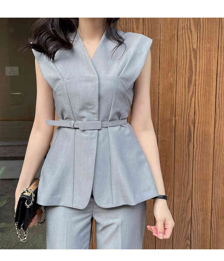 High Quality Summer 2 Piece Set Elegant Office Lady Sleeveless Slim Blouse And OL Work Long Pants Suit Female 210519