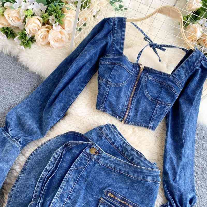 DEAT Autumn Long Flare Sleeve Square Collar Short Denim Top Mini Irregular Skirt Two Piece Set Women Outfits MK316 201012