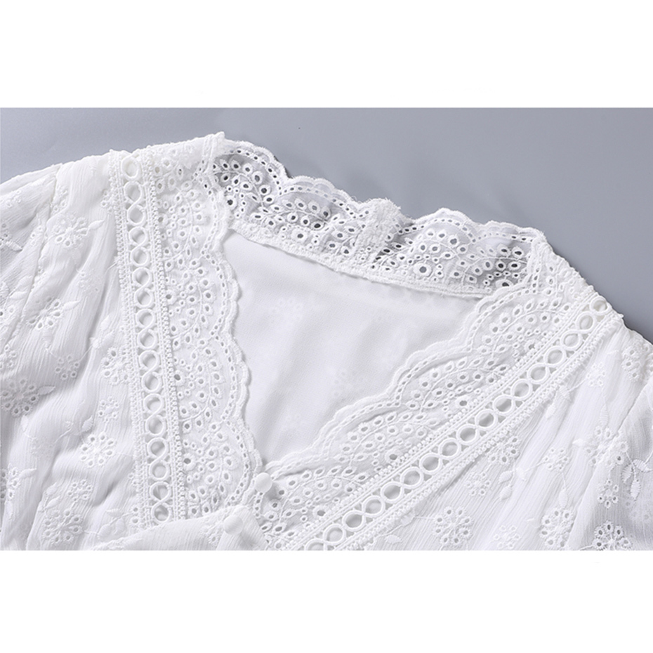 Pure White Blouse Women Mesh Hollow Out Sexy Vneck Blouse Flare Sleeve Embroidered White Shirts Ladies Elegant Blusas Plus Siz 210412