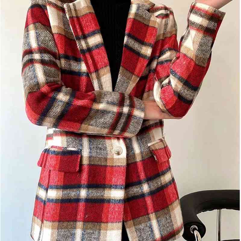 Causal Women Notched Collar Plaid Tweed Blazer Fashion Ladies Pocket Jacket Streetwear Female Chic Singles Button Coat 210430