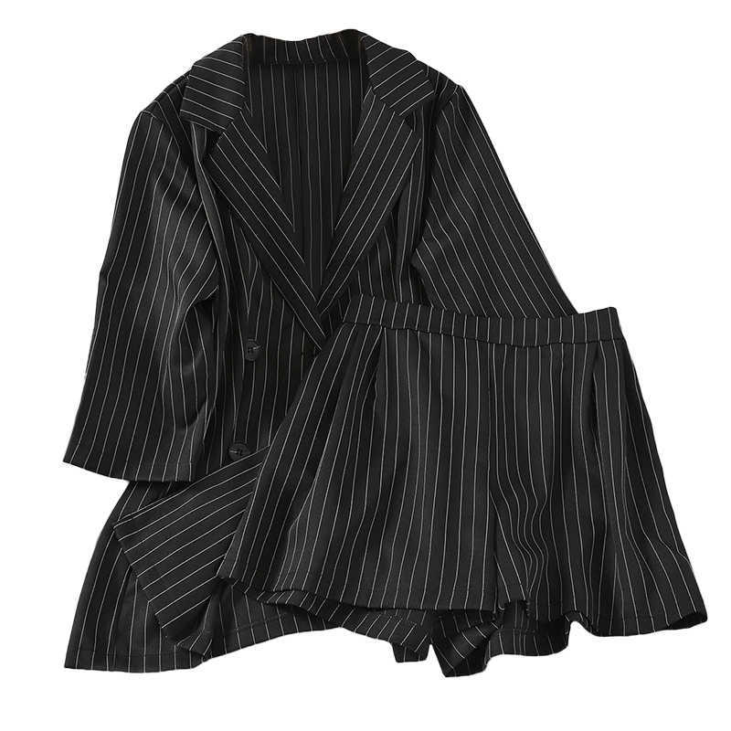 DEAT Summer Fashion Temperament Double Coat Top + Elastic High Waist Wide Leg Shorts Striped 2-piece Women's Suit SK057 210709