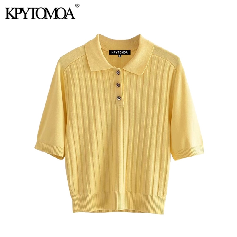 Women Fashion With Rhinestone Buttons Knitted Sweater Lapel Collar Short Sleeve Female Pullovers Chic Tops 210420